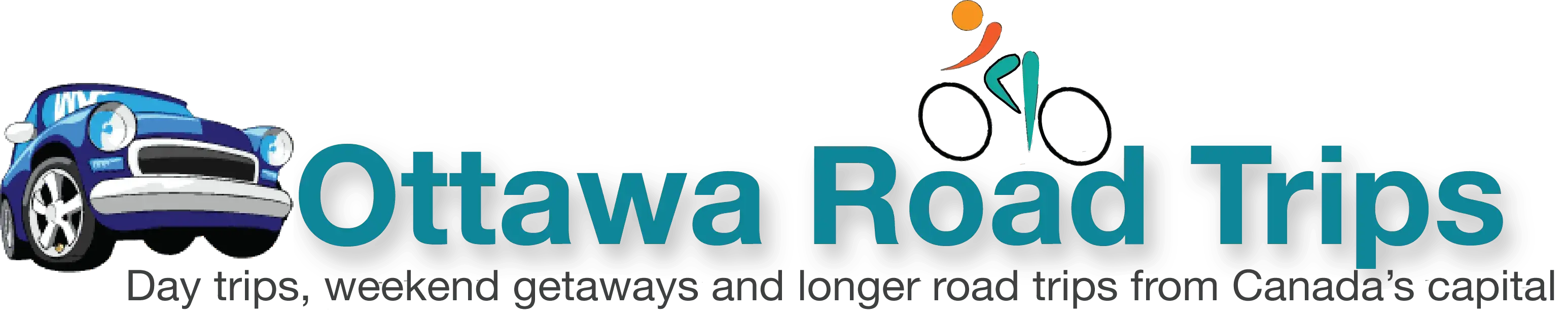 Ottawa Road Trips logo with a blue car and cyclist, tagline "Day trips, weekend getaways and longer road trips"