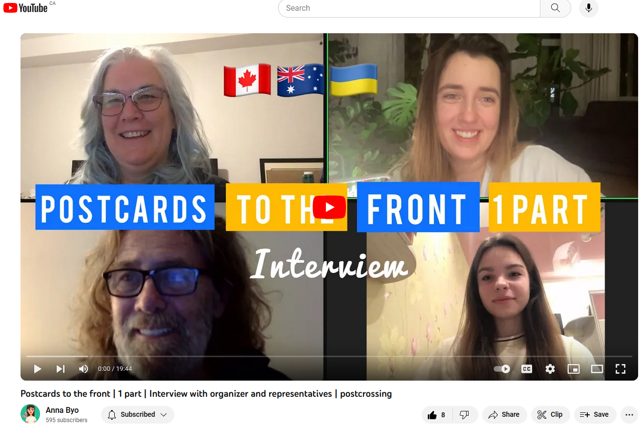 YouTube page for the interview Postcards to the Front, Part 1, with four participants and Canadian, Australian and Ukrainian flags