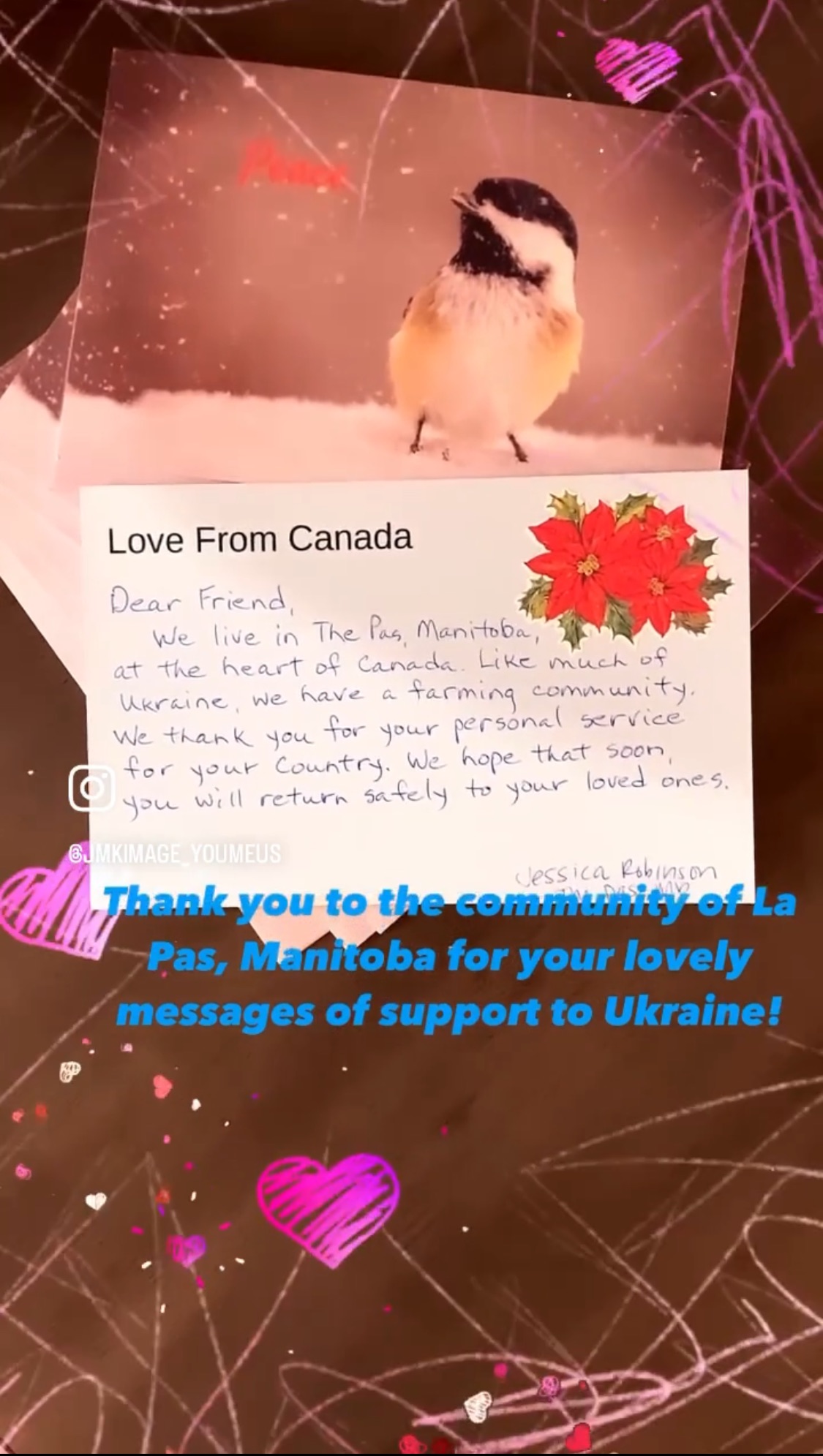 Chickadee postcard and handwritten “Love From Canada” note from a farming community in The Pas, Manitoba