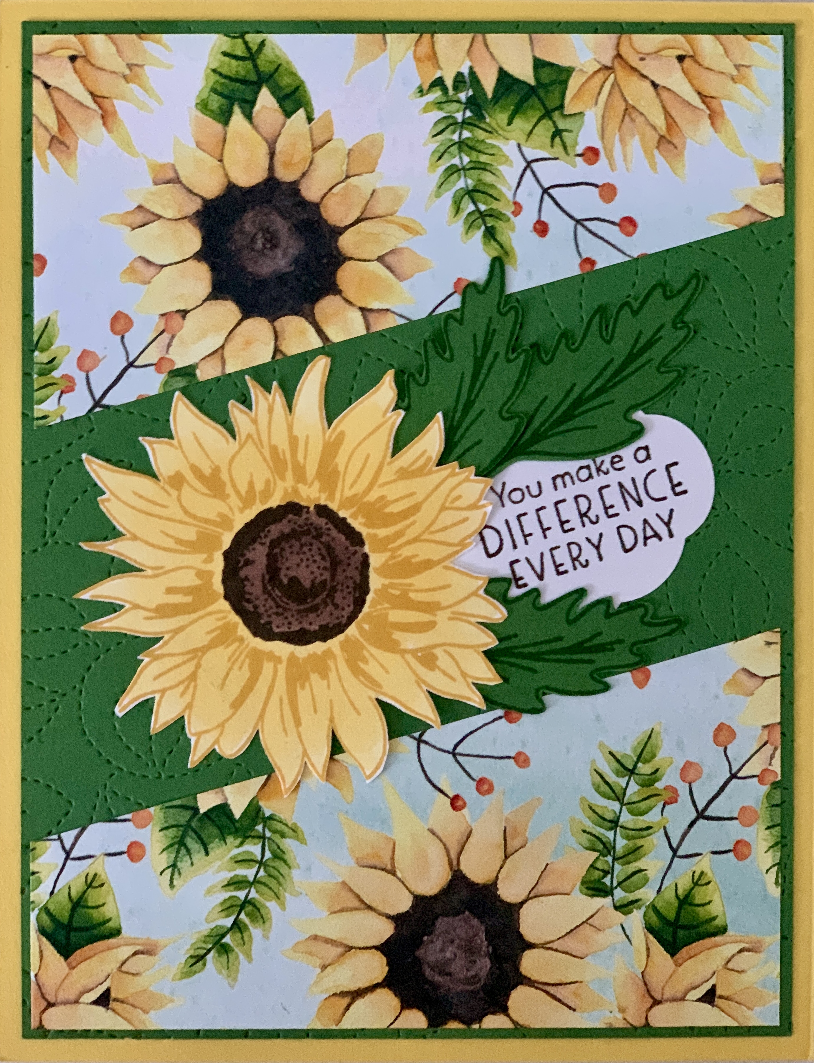 Handmade sunflower card with the message “You make a difference every day”