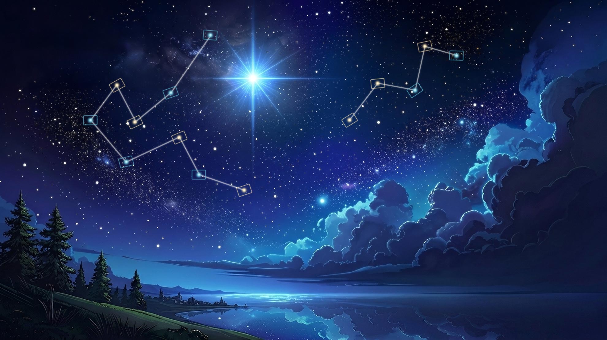 Illustrated night sky with two star constellations and one bright star above clouds, a lake and pine trees